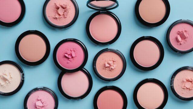 Pastel blue background featuring pink blush and compact powder. Banner with space for text and design. Top view. Trending colors in makeup. Cosmetic products. Tonal foundation. Flat lay layout. Bea...