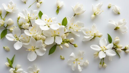 Fototapeta premium Jasmine flowers gracefully floating in the air against a white background.