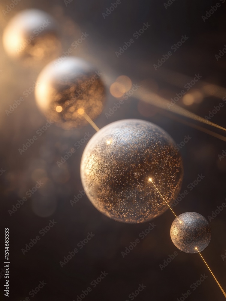 Poster Multiple virtual worlds connected by beams of light showcasing unique spheres representing diverse realms in an expansive space