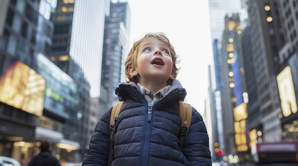 Fototapeta premium Portrait of a young child, standing on a busy city street, looking up at tall modern skyscrapers, mouth slightly open in awe, wearing a simple jacket and small 