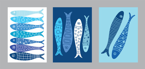 Interior poster with sardines. Cute set. Vector illustration