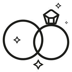 Outline wedding rings, black contour, simple, minimalist. Illustration of rings with brilliant and shining stars around.