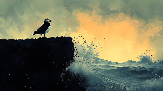 Puffin cliffside ocean sunset storm dramatic nature
