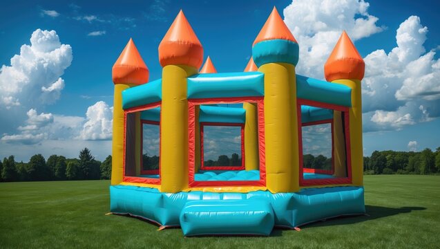 Inflatable jump castle bounce house situated in a yard.
