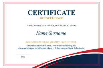 Achievement certificate design template with red curves
