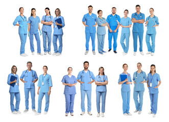 Obraz premium Nurses in uniforms on white background, set. Medical worker