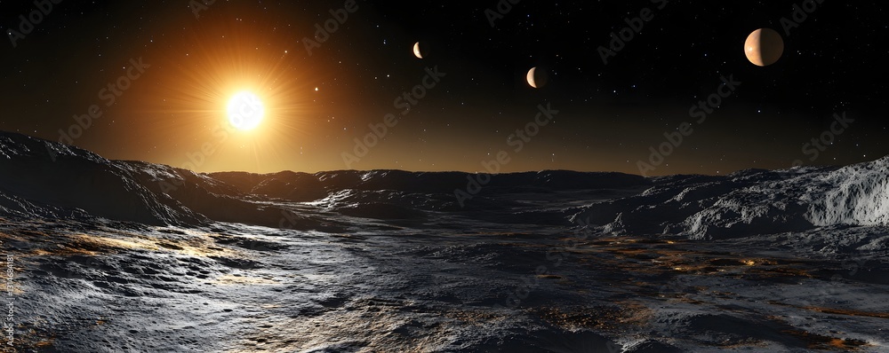 Wall mural a cosmic horizon with multiple celestial objects