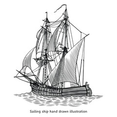 Sailing ship illustration. Sailing ship drawing. Vintage sailing ship hand drawn illustration in engraving style