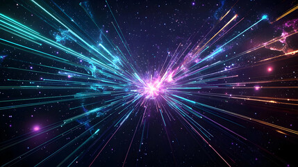 Obraz premium Vivid Colors With Bright Light Streaks And Particles In Abstract Digital Space Exploding From The Center With Dynamic Motion Blur Effect