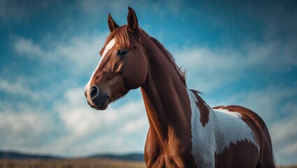 Obraz premium Portrait of a beautiful pinto horse set against a blue sky.