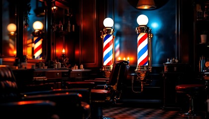 Stylish Barber Shop Interior with Barber Poles and Vintage Chairs