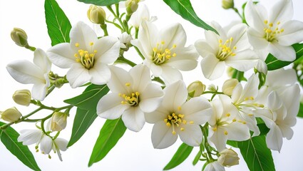 Obraz premium Beautiful jasmine flowers and leaves floating in the air on a white background.