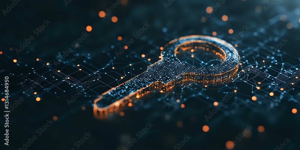 Poster digital key made of glowing particles and network connections on dark background with orange light e