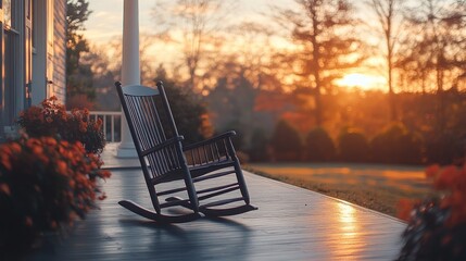Empty rocking chair on porch at sunset