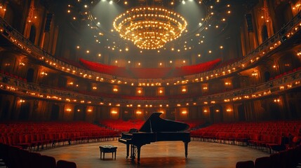 Empty grand piano in ornate concert hall
