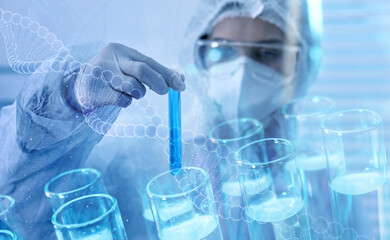 Biochemistry. Scientist working in laboratory, double exposure with test tubes and DNA structure