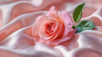Pink rose on pink silk fabric, delicate petals and soft texture, symbolizing romance, beauty, and Valentine's Day