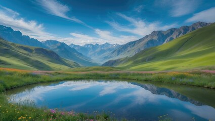 Stunning panorama of a landscape by the lake with mountains in the distance. The photograph was captured at a mountain pass.