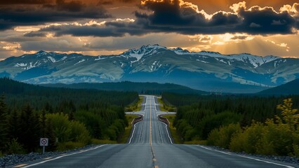 nice road to the end with moutain and orange sunset color