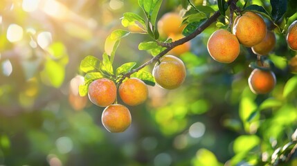 Sunlit bael fruit tree with ripening fruits hanging in a tropical garden setting