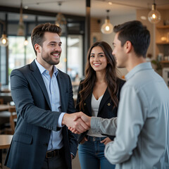 Smiling Caucasian real estate agent shaking hand of satisfied millennial buyers couple, broker closing deal with excited clients at meeting in cafe, realtor handshake greeting customers in coffee shop