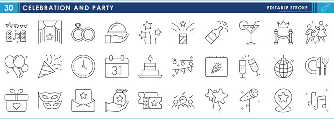Obraz premium A set of line icons related to Celebration and party. Festival, dance, sing, food, cake, enjoy, eve, ring, wedding, and so on. Vector editable stroke.