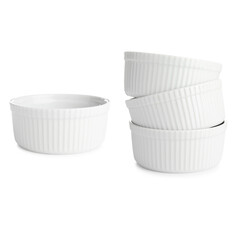 Ceramic ramekins on white background, set. Baking dish
