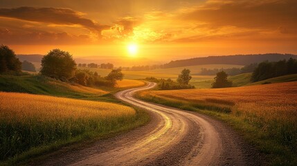 A winding dirt road stretches through golden fields under a sunset sky, creating a tranquil and picturesque landscape.