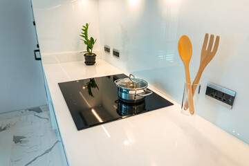 Modern Kitchen Interior with Cooking Pot, Wooden Utensils, and Green Plant on Sleek Countertop Surface