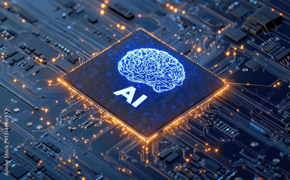 Leinwandbilder A futuristic AI chip with a glowing brain icon on a circuit board, symbolizing artificial intelligence and advanced computing. Ideal for tech innovation and AI research