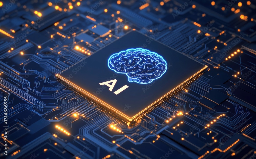 Poster A futuristic AI chip with a glowing brain on a circuit board, symbolizing artificial intelligence and advanced computing. Ideal for tech innovation and AI research themes