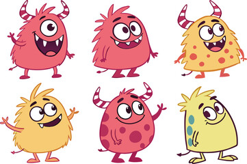 Obraz premium Cute Cartoon Monsters - Colorful Funny Creatures with Big Eyes