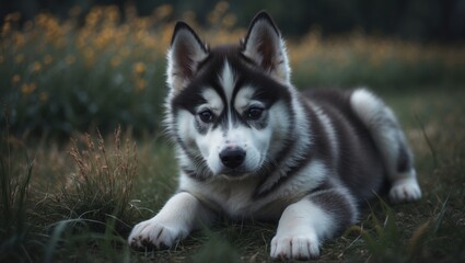 Siberian husky puppy resting beautifully in the grass.