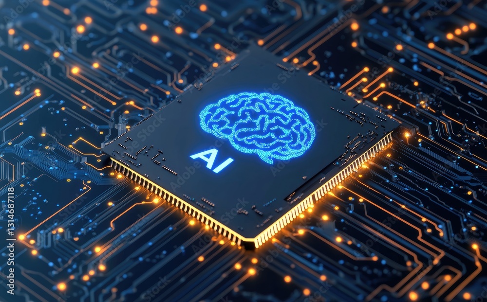 Aufkleber A futuristic AI chip with a glowing brain symbol on a circuit board, representing artificial intelligence and advanced computing. Ideal for tech and innovation themes
