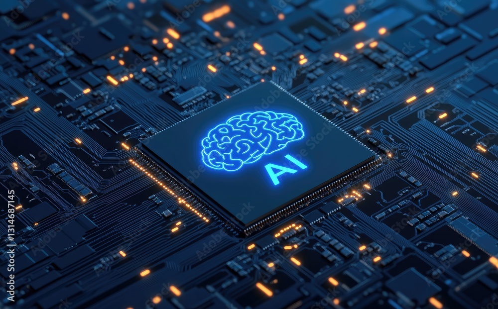 Aufkleber A futuristic AI chip with a glowing brain icon on a circuit board, symbolizing artificial intelligence and advanced computing. Ideal for tech and innovation content