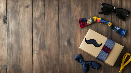 Father's Day Gift Box Decorated With Moustache Bow Ties and Sunglasses on Rustic Wooden Table Background