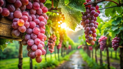 Fototapeta premium Ripe Grapes Hanging in Vineyard at Sunset with Green Foliage