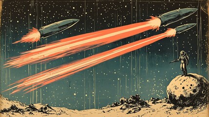 Astronaut watches rockets launch from moon, possible stock for space exploration or science fiction