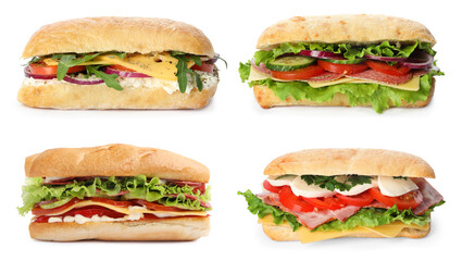 Delicious sandwiches on white background, collage. Tasty snack