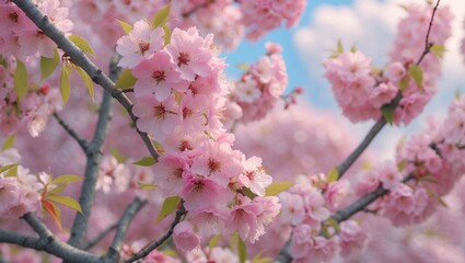 Fototapeta premium Close-up view of cherry blossoms featuring blooming pink petals and distinct stamens at various stages of bloom, with a blurred light sky backdrop.