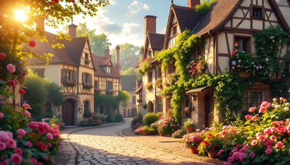 Charming European Village Street with Flowers at Sunrise