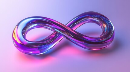 Fototapeta premium A 3D-rendered infinity symbol with a crystal-clear body and shifting metallic hues, set against a dark, moody backdrop.