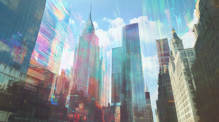 A cityscape with skyscrapers overlaid by a data-themed hologram, representing the concept of big data through multi-exposure effects