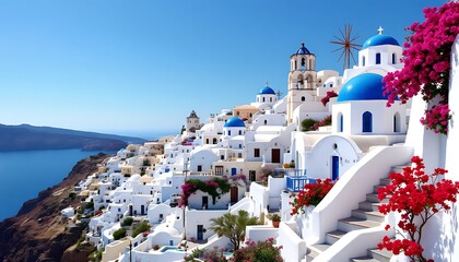 Picturesque Santorini Village with White Buildings and Blue Domes by the Sea