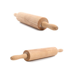 Wooden rolling pin isolated on white, collage