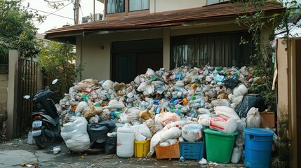 Fototapeta premium Discarded trash covers the ground in front of the house, with waste items spread in every direction.