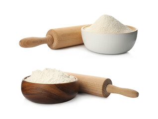 Rolling pins with flour isolated on white