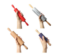 Women holding different rolling pins isolated on white, closeup. Collage