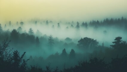 Foggy Forest Background with filtered colors, perfect as a backdrop for quotes or inspirational typographic text.