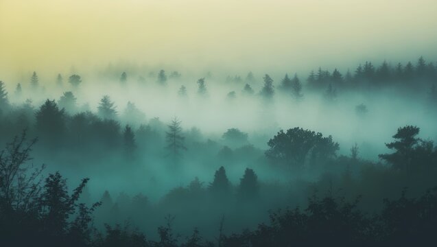 Foggy Forest Background with filtered colors, perfect as a backdrop for quotes or inspirational typographic text.